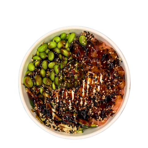 Poke bowl with salmon, edamame, teriyaki sauce and sesame