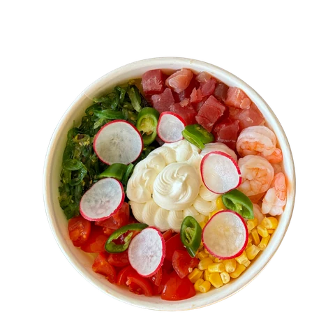 Poke bowl with red tuna, prawns, radish, corn and mayo