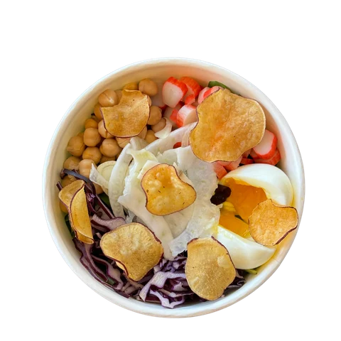 Poke bowl with chickpeas, red cabbage, soft boiled egg and sweet potato chips