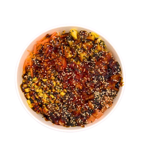 Poke bowl with spicy sauce, corn and sesame