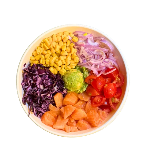 Poke bowl with salmon, corn, red onion, avocado and cherry tomatoes
