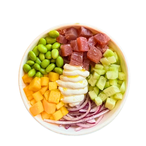 Poke bowl with red tuna, edamame, mango, cucumber and red onion