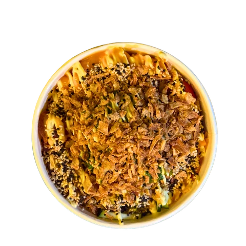 Poke bowl with crispy fried onion and sesame
